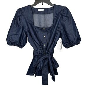 Nine West Blouse Women's Large Denim Color Bow Tie‎ Waist Snap Front Closure NWT